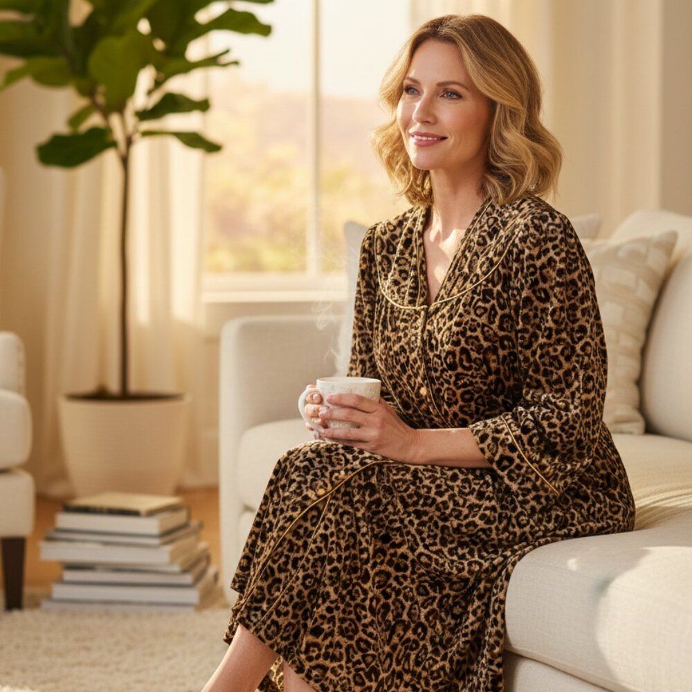 CS Vintage M Robe Cheetah Snap Front Brown Black Animal Print‎ Pockets Glam Mod